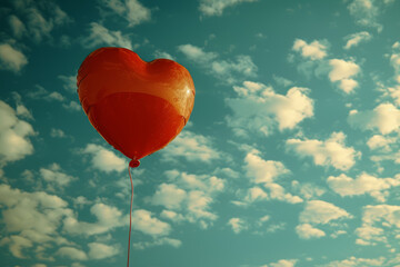 A heart-shaped balloon soaring high in the sky, symbolizing the buoyancy of love and happiness. Concept of love's elation. Generative Ai.