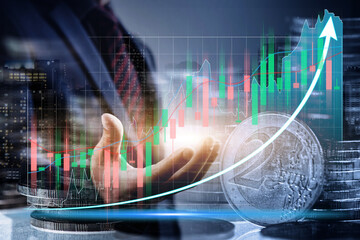 Double exposure of stock market graph and businessman with step of coin. financial stock exchange marketing concept.	
