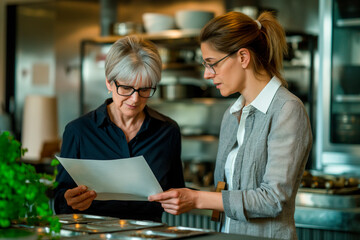 Confident mature owner of restaurant and her assistant discussing new menu for the following week