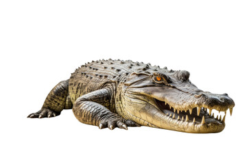 Fototapeta premium Large Alligator Laying Down With Mouth Open. on a White or Clear Surface PNG Transparent Background.