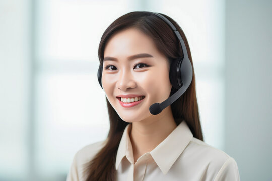 Asian smiling customer service assistant working in office. Handsome female helpline worker using computer in call centre office. VOIP Helpdesk headset.