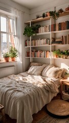 Small cozy room with delicate bright interior, bed, wooden desk with books, cup of tea, bookcase, indoor plants, window, summer weather breaks through from the street sunlight, freshness, warmth