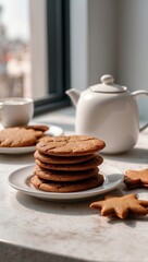 Fototapeta na wymiar Vegan healthy gingerbread cookies lie on a white stylish plate. On a light table in the background there is a cup of coffee, a kettle. Bright stylish modern kitchen. Window with sunlight. 