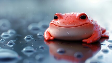 Wet red frog with a peaceful expression among water droplets. - obrazy, fototapety, plakaty