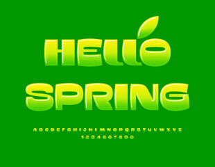 Vector seasonal card Hello Spring. Modern Stylish Font. Unique Glossy Alphabet Letters and Numbers set.