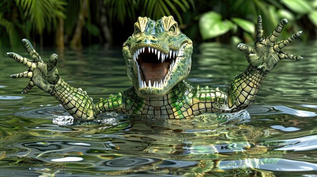 Animated crocodile emerging from water with open mouth.
