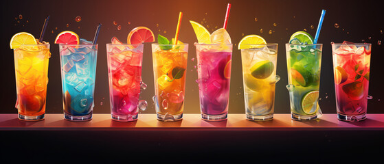Different types of animated colorful fruit and iced coffee