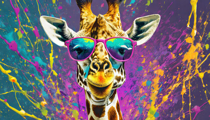 Vibrant pop art style portrait of a giraffe wearing sunglasses with mouth open and paint...