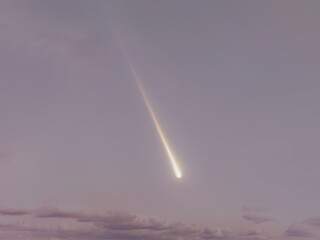 Falling bolide at sunset. Glowing meteor in the sky. Fireball in the atmosphere, meteor trail.