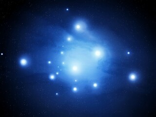 Birth of stars in a cosmic gas cloud. Constellation of blue giant stars. Stellar Nebula.