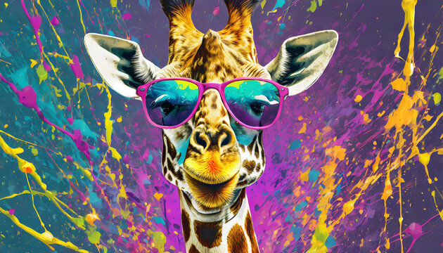 Vibrant pop art style portrait of a giraffe wearing sunglasses with mouth open and paint splattering effect. AI generated.