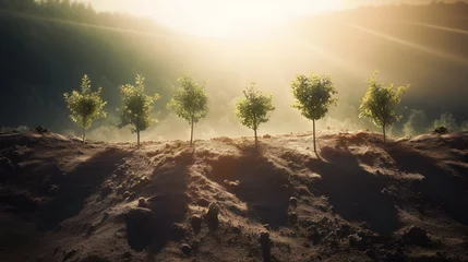 Foto op Plexiglas Kaki Original environmental concept. Newly planted trees or vibrant green foliage in the earth