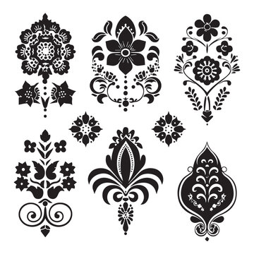 Vector large set of different black flowers sketches silhouettes patterns Doodle sketch for tattoo vector flat