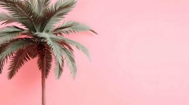 green palm tree on pink background with place for text