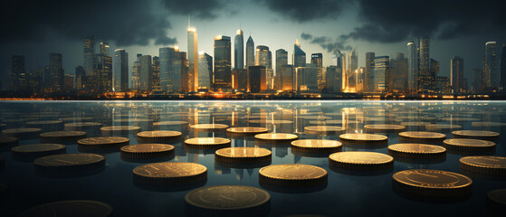 Double exposure of city and rows of coins for finance