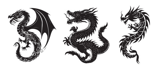Vector set of three dragons Doodle sketch silhouette tattoo vector flat