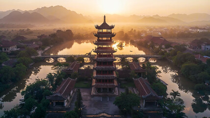 une magnifique pagode installé sur une île au milieu d'un fleuve sacré, vue aérienne au coucher du soleil - obrazy, fototapety, plakaty