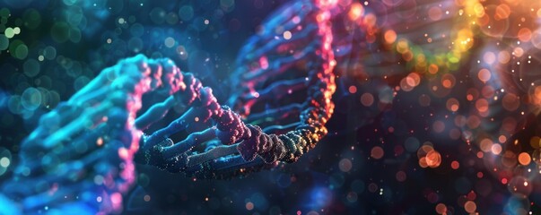 Color gradient of human DNA molecule strands on colorful abstract background, Intricate helix structure of DNA with crystalline detail - obrazy, fototapety, plakaty