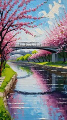 Oil painting of a bridge over a river with cherry blossoms in full bloom. Abstract art background