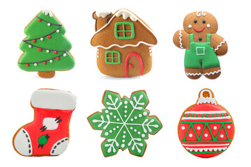 Different tasty Christmas cookies isolated on white, top view