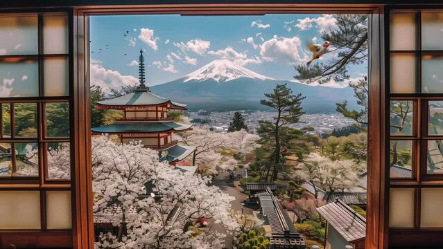 The open window shows the spring scenery of Japan with cherry blossom trees, temple, and Mount Fuji. seamless looping 4k time-lapse video background