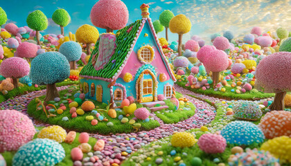 Candyland wonderland fantasy, sweet and magical world, candy house - obrazy, fototapety, plakaty