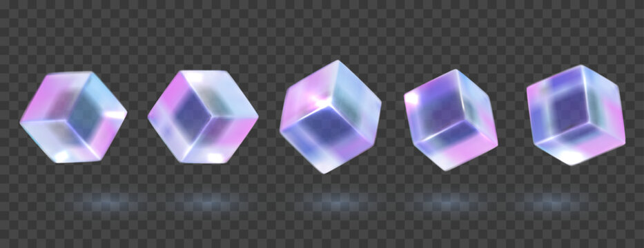 3d crystal glass holographic cube set. Glossy iridescent geometric shapes. Crystal glass element. Overlay dispersion light