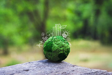 Green business growth. Sustainable investment finance, ESG funds or sustainability funds. Icons around the green earth and background with space for text.