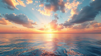Calm sea with sunset sky and sun through the clouds over. Meditation ocean and sky background....