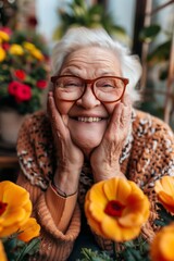 Elderly Caucasian Woman with Blooming Flowers