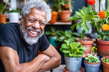 Cheerful African American Man with Potted Plants