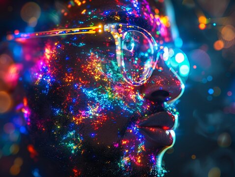 Cosmic Glitter on Human Silhouette with Glasses