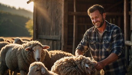 Happy male farmer in plaid shirt with sheep in barn on farm
