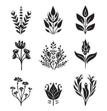 Vector large set of different black plants and flowers sketches silhouettes patterns Doodle sketch for tattoo vector flat