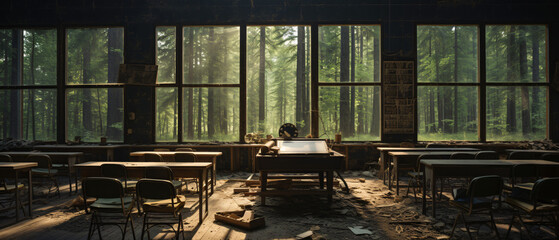 Empty classroom surrounded by forest ..   .