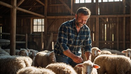 Happy male farmer in plaid shirt with sheep in barn on farm - obrazy, fototapety, plakaty