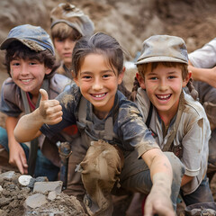 Group of children smiling, having thumbs up doing their dream job as Archeologists at the site with excavations in the background. Concept of Creativity, Happiness, Dream come true and Teamwork.