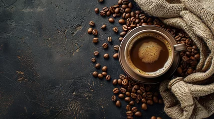 Tuinposter cup of coffee and coffee beans in a sack on dark background, top view © INK ART BACKGROUND