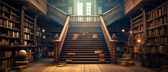 Empty staircase surrounded by books in the library ..