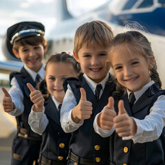 Group of children doing their dream job as Stewards standing next to the airplane. Concept of Creativity, Happiness, Dream come true and Teamwork.