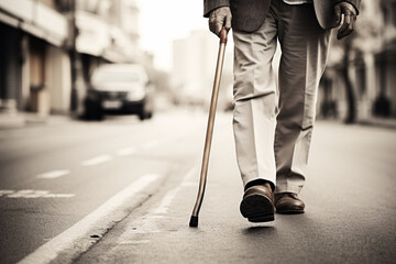 An old man or elderly person walks on the road with a cane. Vintage style photos. Copy space.