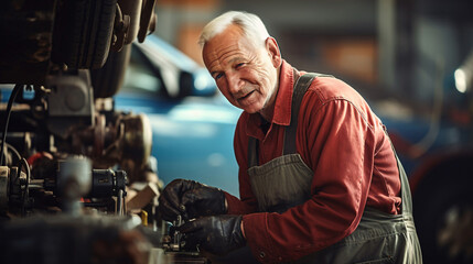 An elderly man repairing a car in an old garage alone. happy and smiling. old man with gray hair. Leisure activities, hobbies after retirement. Lifestyle to relieve loneliness.