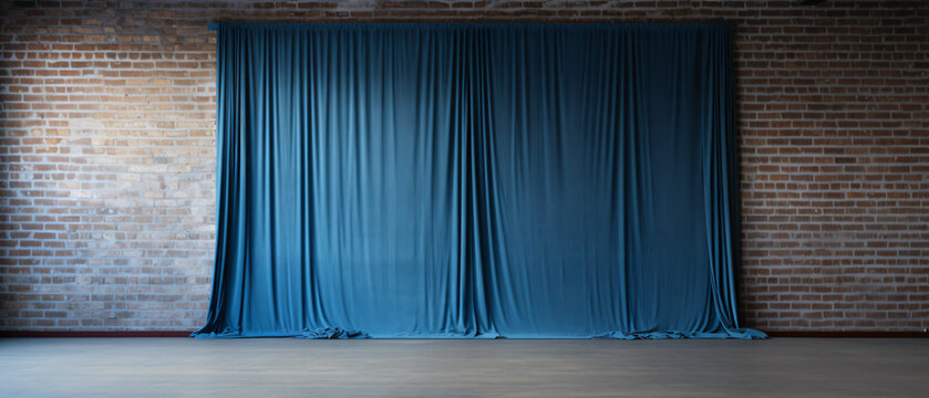 Empty stage with white brick wall and blue curtains ..