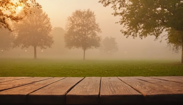 Wooden table on the background of the evening foggy park