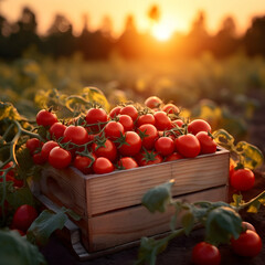 Red tomatoes harvested in a wooden box with field and sunset in the background. Natural organic fruit abundance. Agriculture, healthy and natural food concept. Square composition.