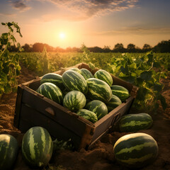 Watermelons harvested in a wooden box in a field with sunset. Natural organic vegetable abundance. Agriculture, healthy and natural food concept. Square composition.