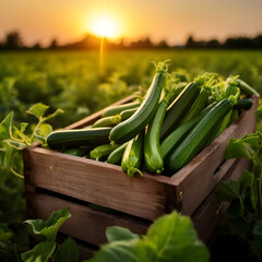 Zucchini harvested in a wooden box with field and sunset in the background. Natural organic fruit abundance. Agriculture, healthy and natural food concept. Square composition.