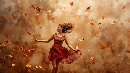 A girl model in a dynamic movement, surrounded by swirling autumn leaves against a rustic brown background.