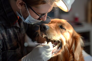 Dentista che esegue un controllo dentale su un cane - obrazy, fototapety, plakaty