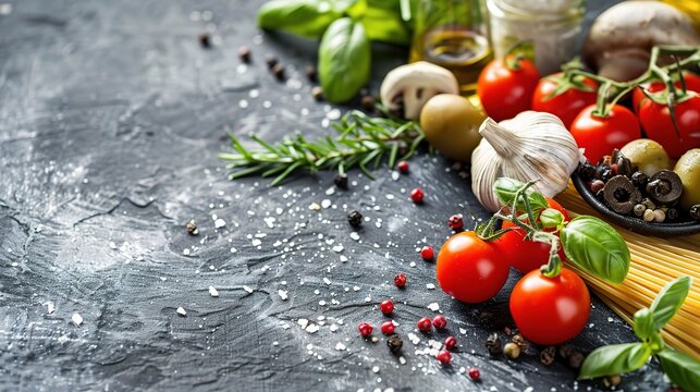 food background, with vine tomatoes, basil, spaghetti, mushrooms, olives, parmesan, olive oil, garlic, peppercorns, rosemary, parsley and thyme. Slate background.